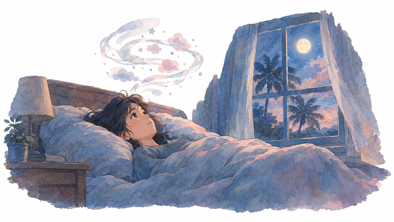 A watercolor illustration of a young woman lying in bed, gazing at dreamy clouds and stars.
