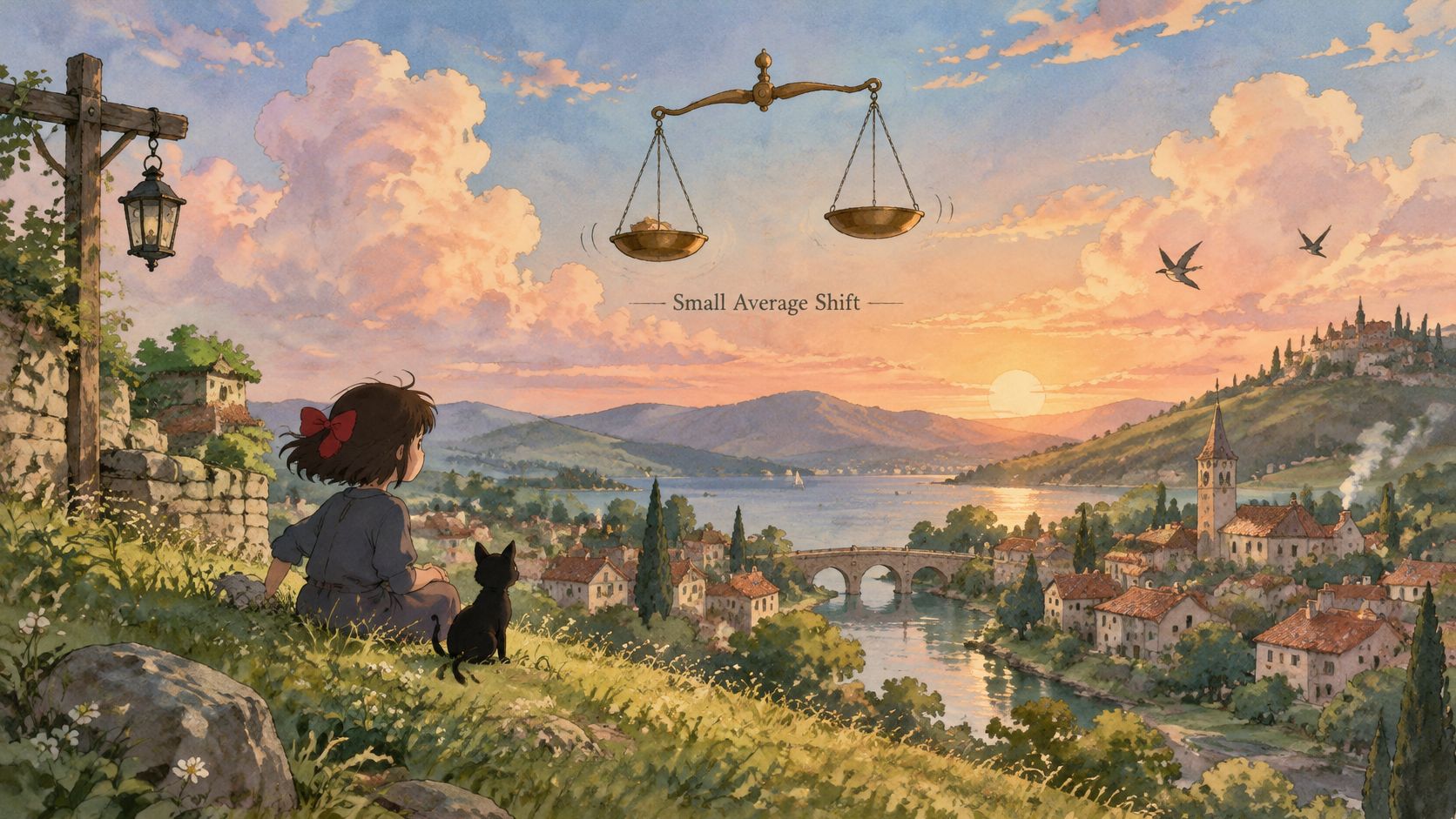 A young girl with a black cat watching a peaceful sunset over a scenic European style village