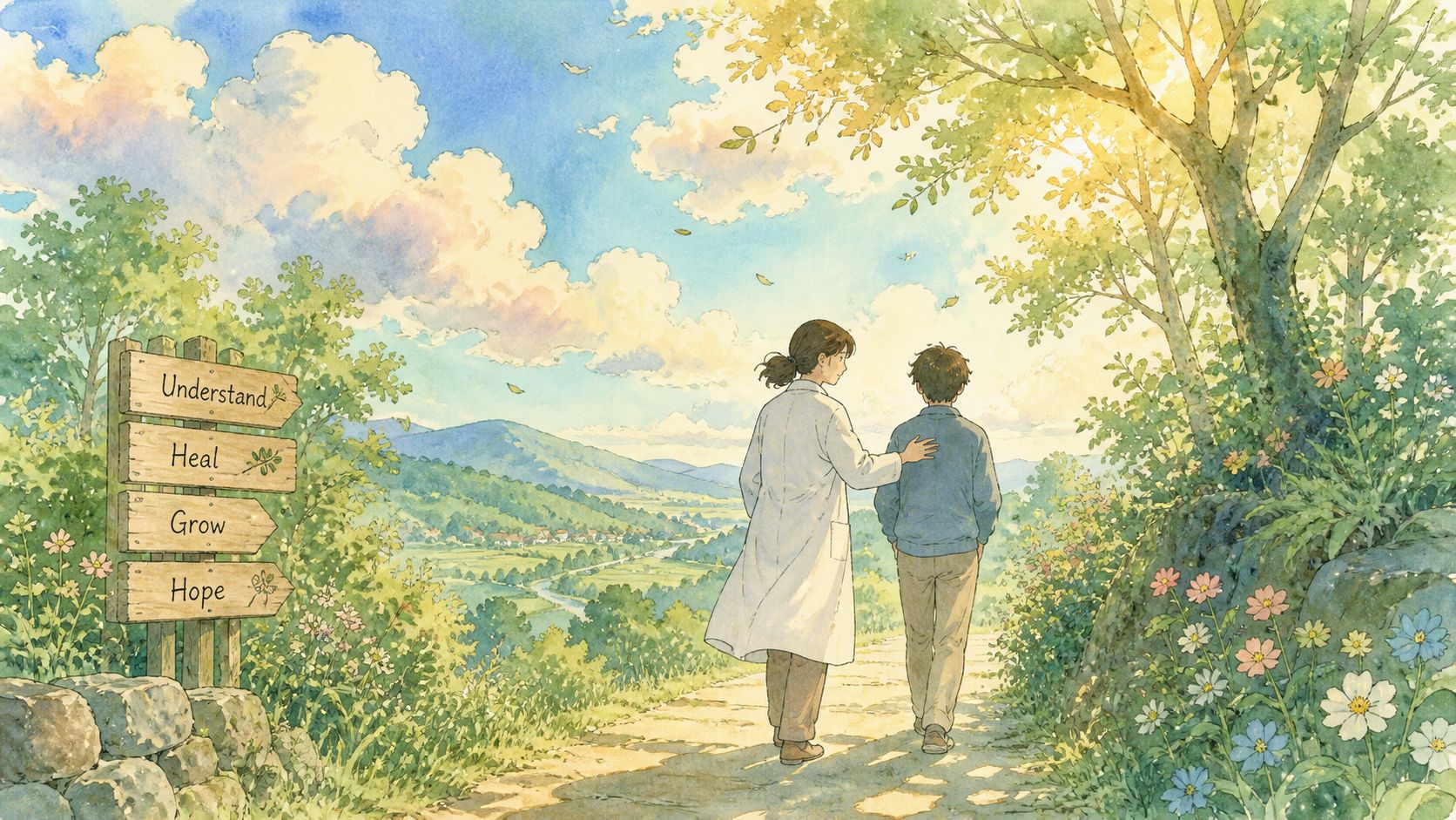 A person in a lab coat walks with a youth on a path near a wooden signpost.