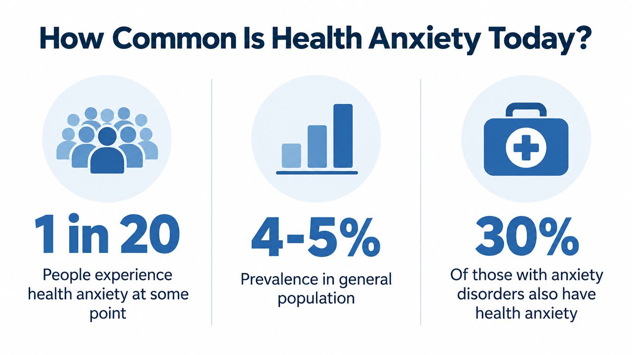 An infographic showing statistics about the prevalence of health anxiety in the general population.