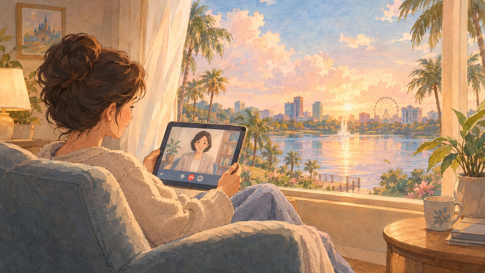 A woman sits in a cozy chair, video calling a psychiatrist on her tablet overlooking a lake.