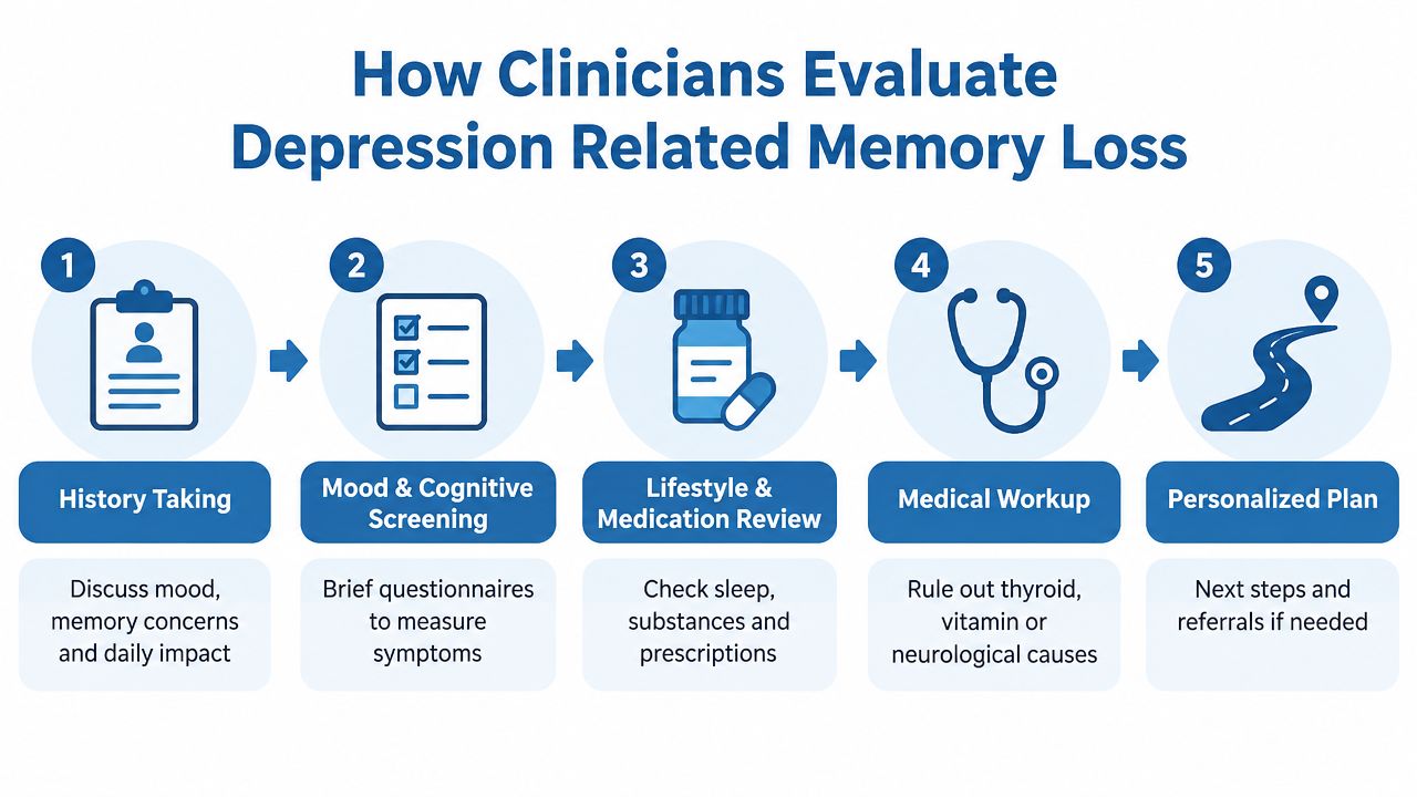 A five-step infographic showing how clinicians evaluate memory loss related to depression through a structured medical process.