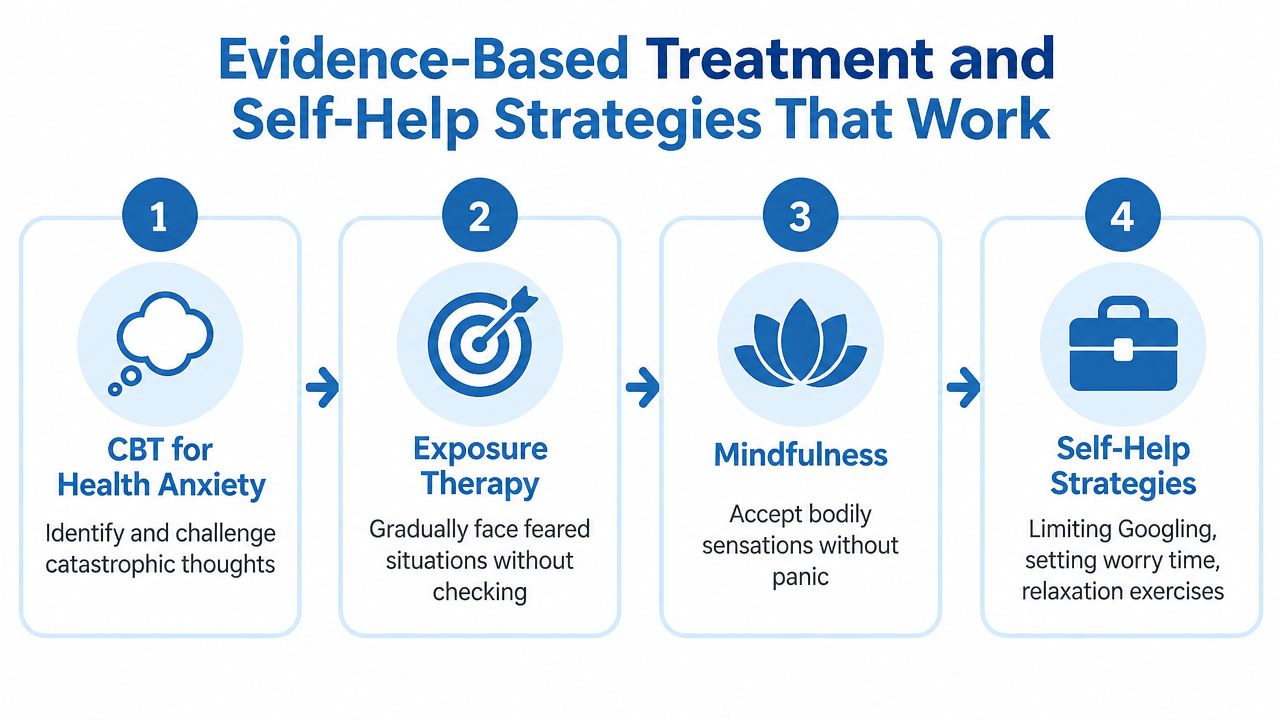 A four-step infographic illustrating evidence-based treatment and self-help strategies for managing health anxiety effectively.