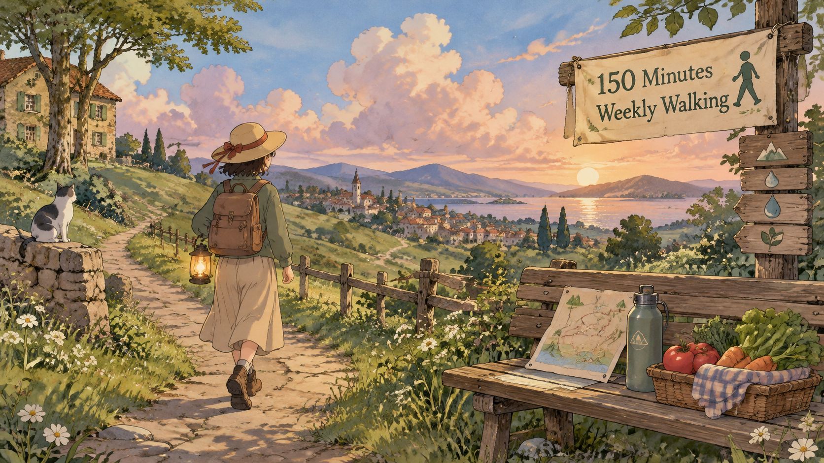 A girl walking down a path in a picturesque village landscape with a sign about weekly walking.