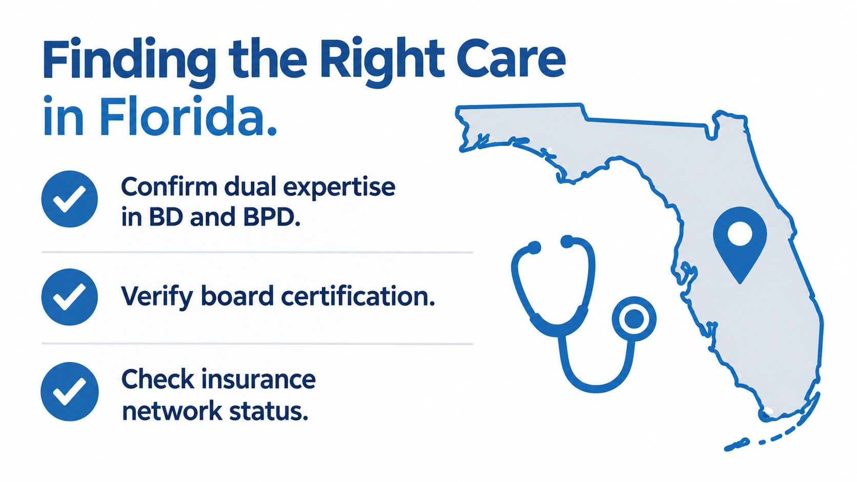 A graphic providing three steps to find mental health care in Florida for BD and BPD patients.