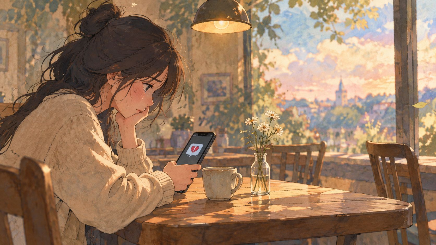 A sad woman looking at a broken heart icon on her smartphone at a sunset cafe table.