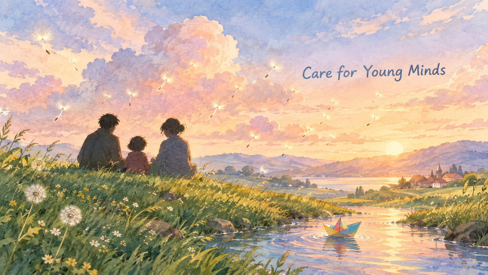 A family sits on a grassy hill overlooking a river and sunset with floating dandelion seeds nearby.