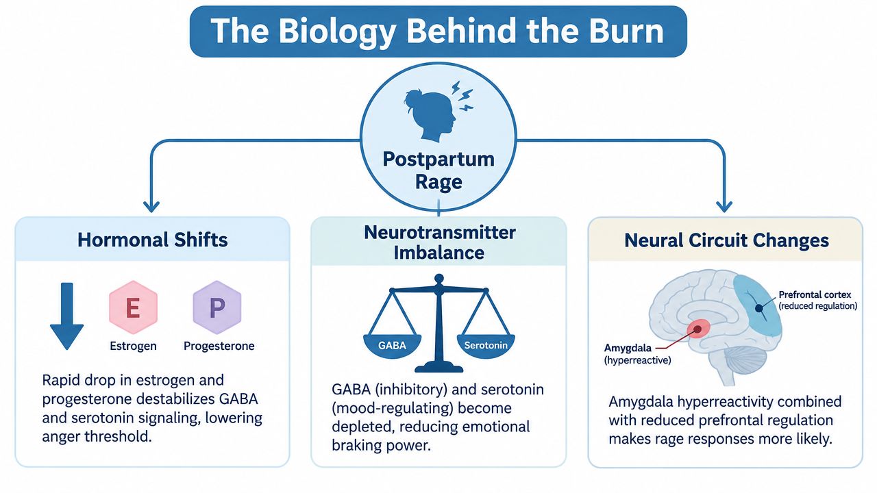 A diagram explaining the biological causes of postpartum rage, including hormonal shifts, neurotransmitter imbalance, and brain changes.
