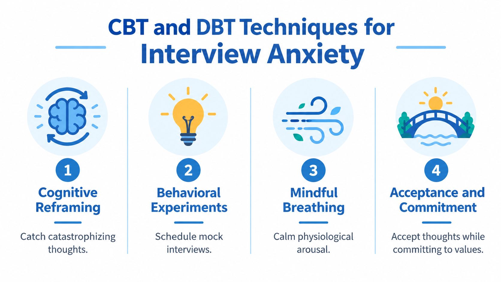 A four-step infographic illustrating cognitive and behavioral techniques to help manage anxiety before job interviews.