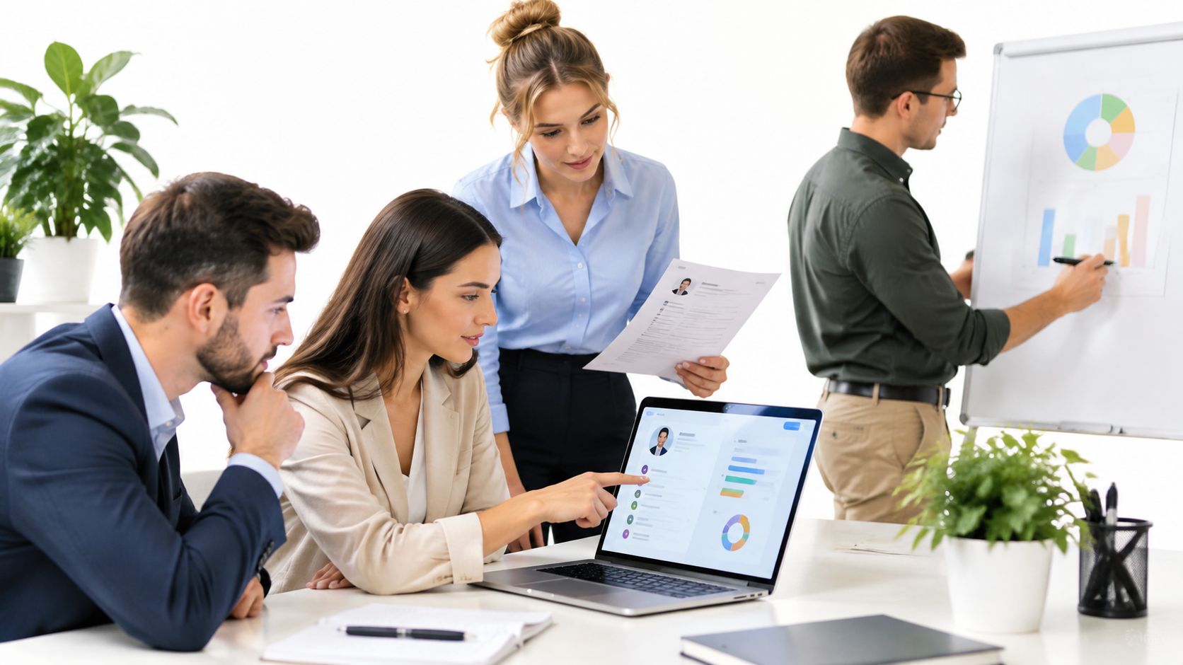 Equipe de profissionais colaborando em uma reunião de negócios com laptop, gráficos e análise de candidatos.