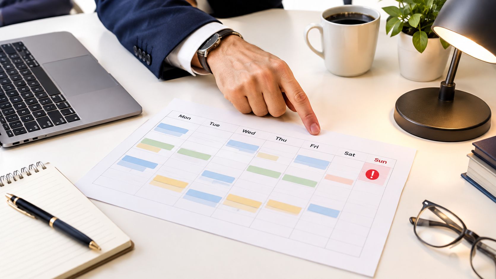 Mão de um profissional apontando para uma agenda semanal de trabalho em uma mesa de escritório organizada.