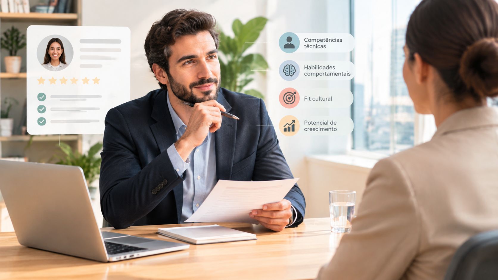 Entrevistador conduzindo processo seletivo com análise de competências e fit cultural para pequenas empresas.