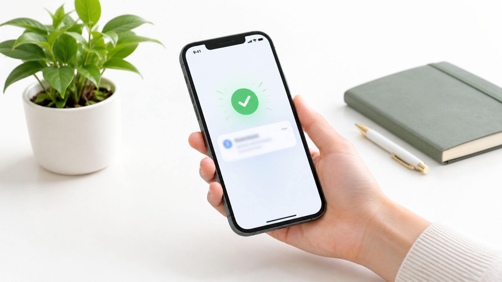Mão segurando um smartphone com ícone de sucesso e notificação na tela sobre uma mesa de escritório.