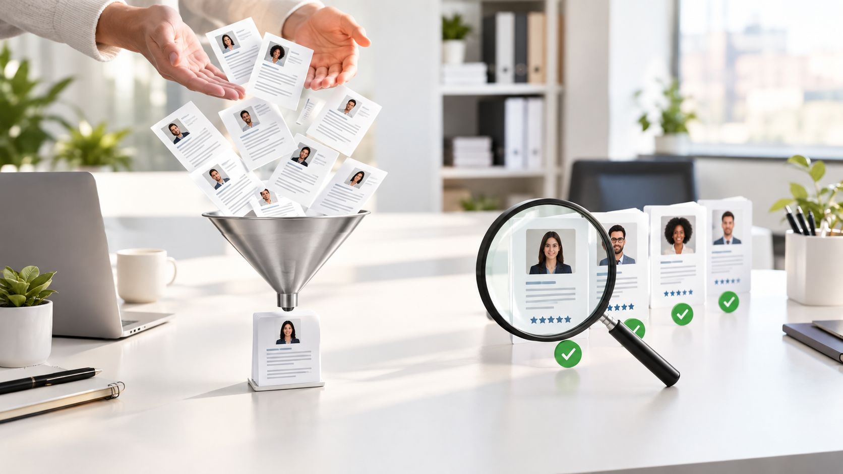 Mãos colocando currículos em um funil para processo de seleção e recrutamento profissional de RH.