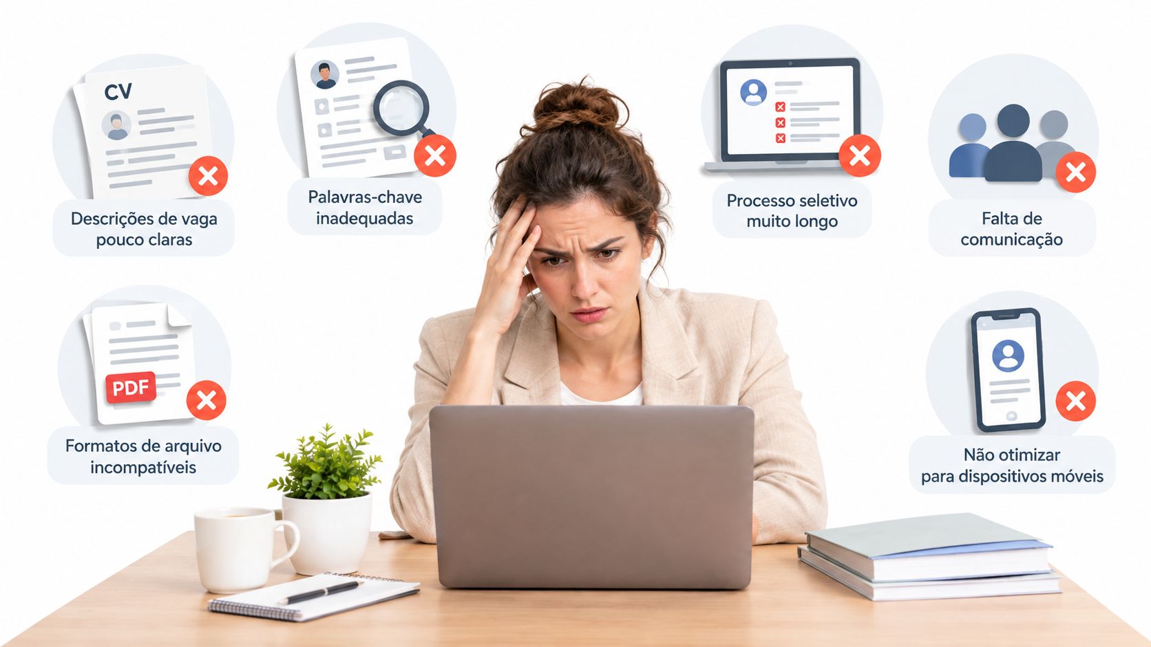 Mulher frustrada trabalhando no laptop com ícones ilustrando problemas comuns em processos de recrutamento e seleção.