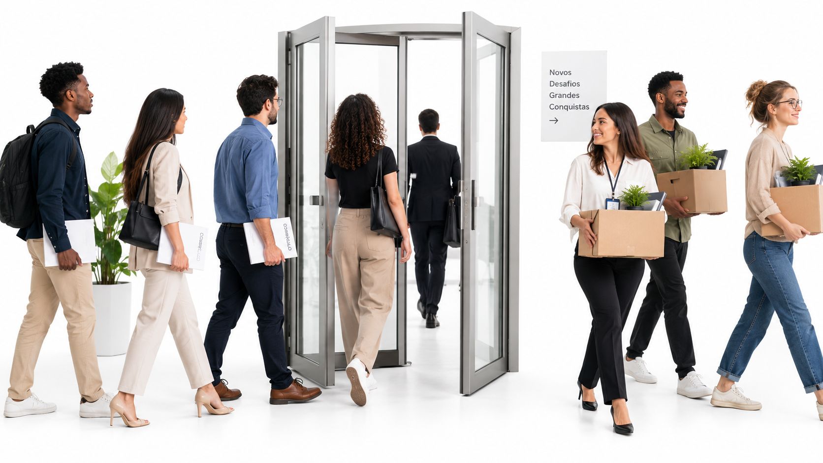 Grupo de profissionais entrando e saindo de uma porta de escritório, simbolizando fluxo de talentos e mudanças corporativas.