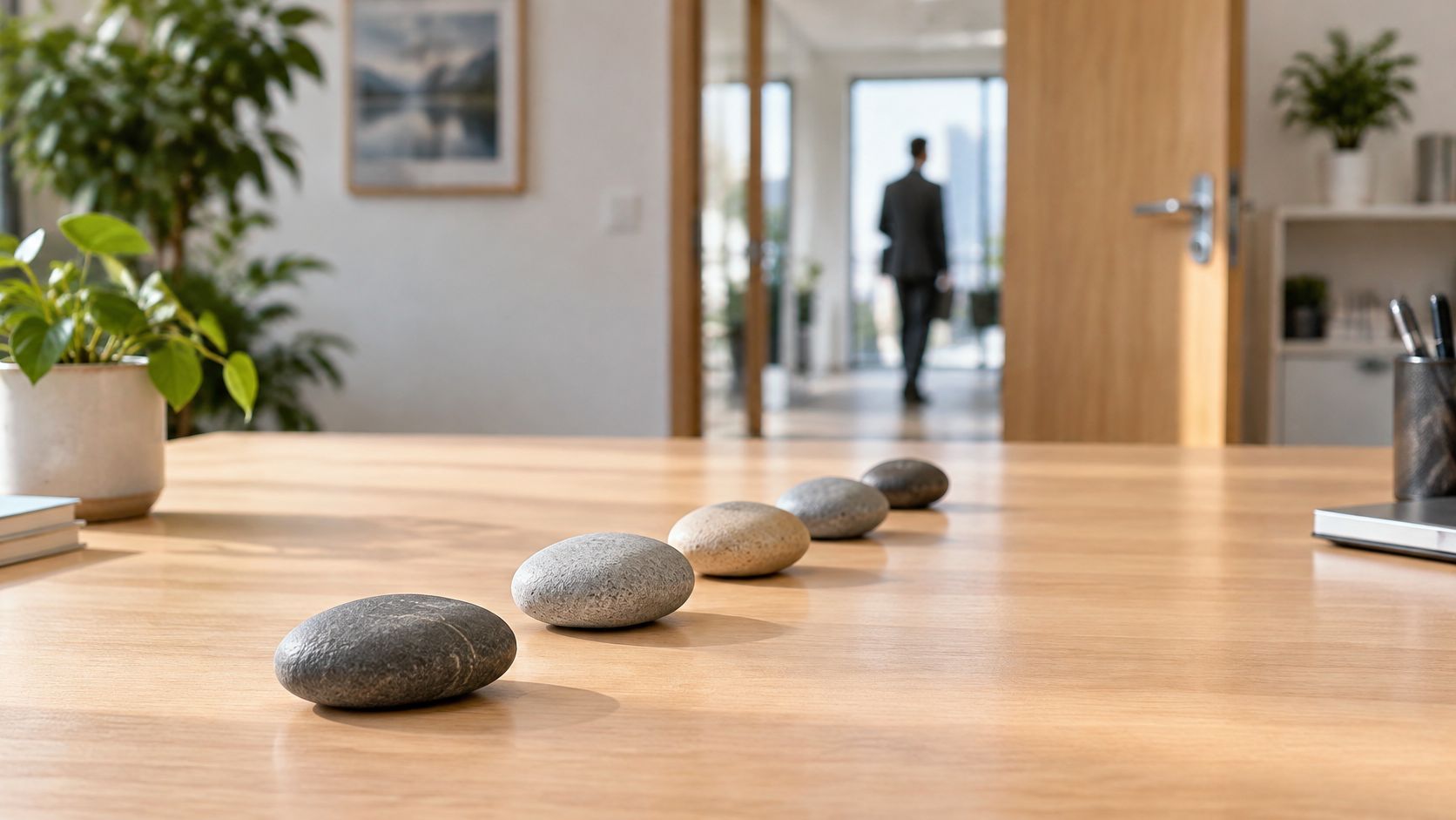 Uma sequência de cinco pedras decorativas dispostas em uma mesa de escritório de madeira bem iluminada.