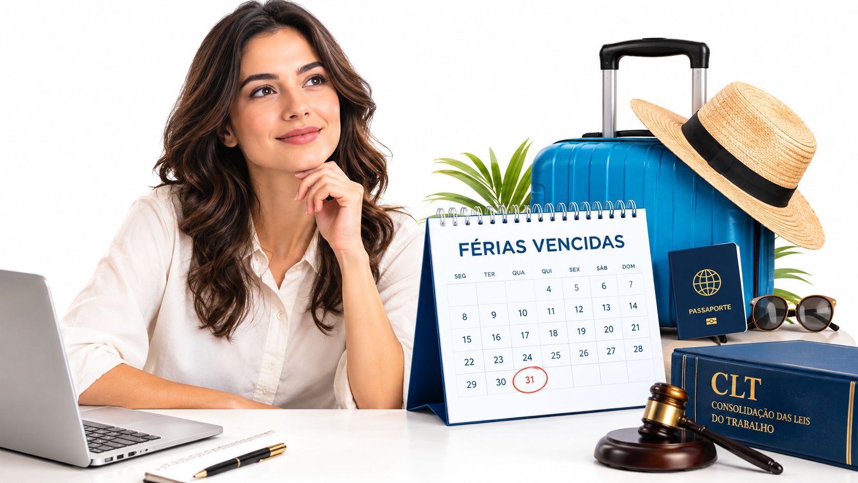 Uma mulher pensativa ao lado de um calendário, malas de viagem, passaporte e um livro de leis trabalhistas.