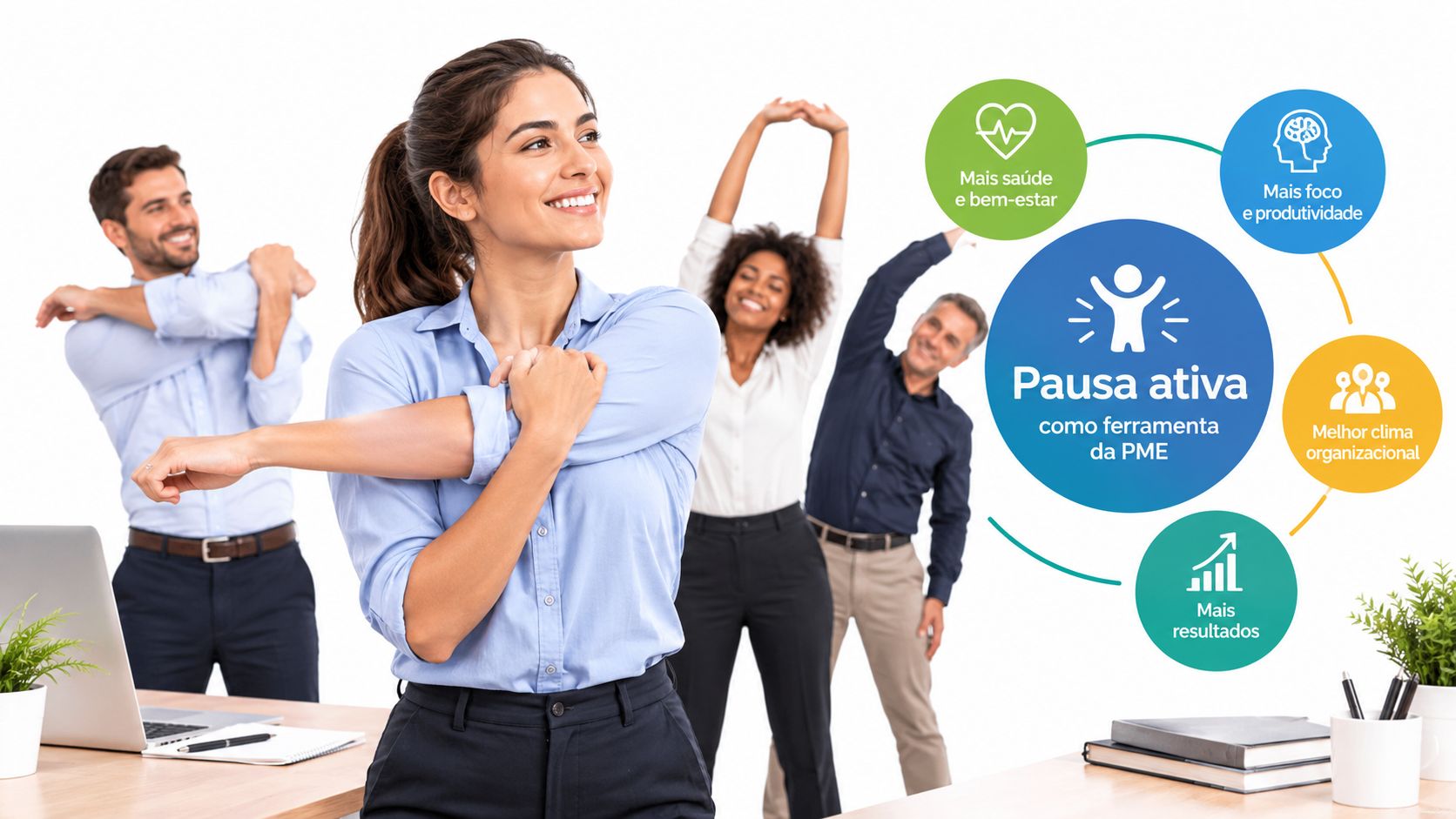 Grupo de funcionários diversos realizando alongamentos no ambiente de trabalho para melhorar a saúde e produtividade.