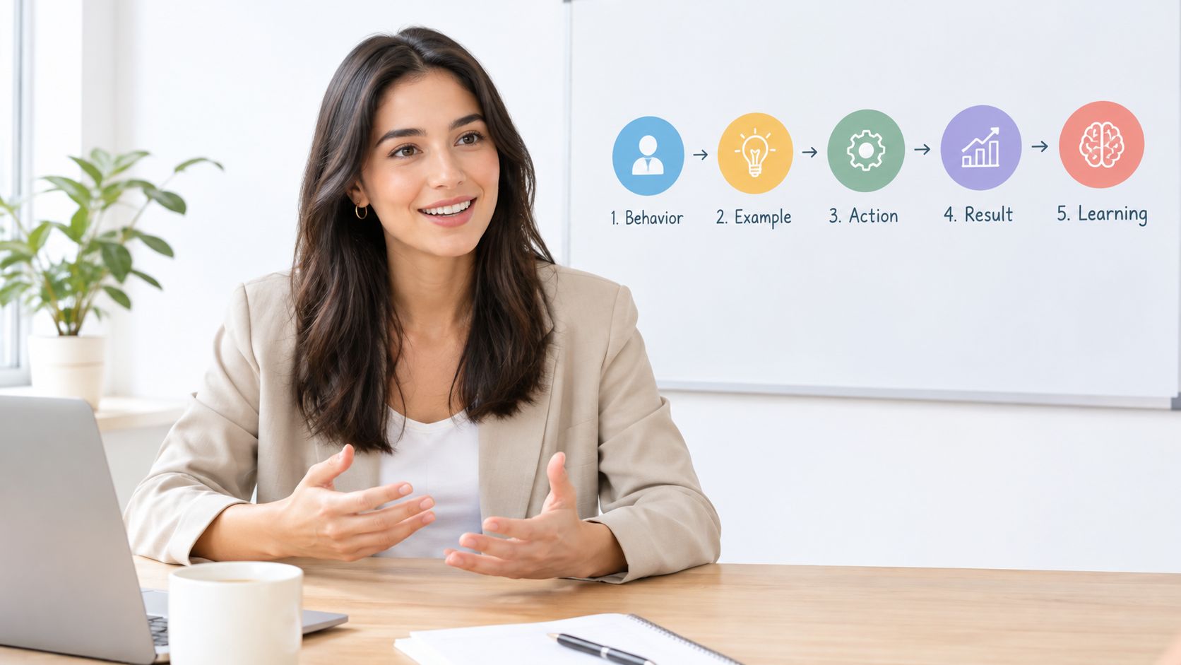 Mulher sorridente em um escritório explicando um diagrama de cinco etapas em um quadro branco.