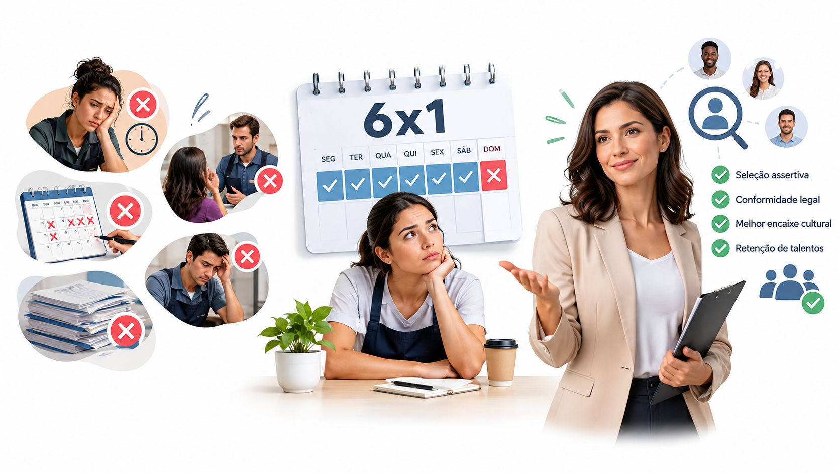 Comparação visual entre os desafios da jornada 6x1 e os benefícios de um processo de contratação profissional assertivo.