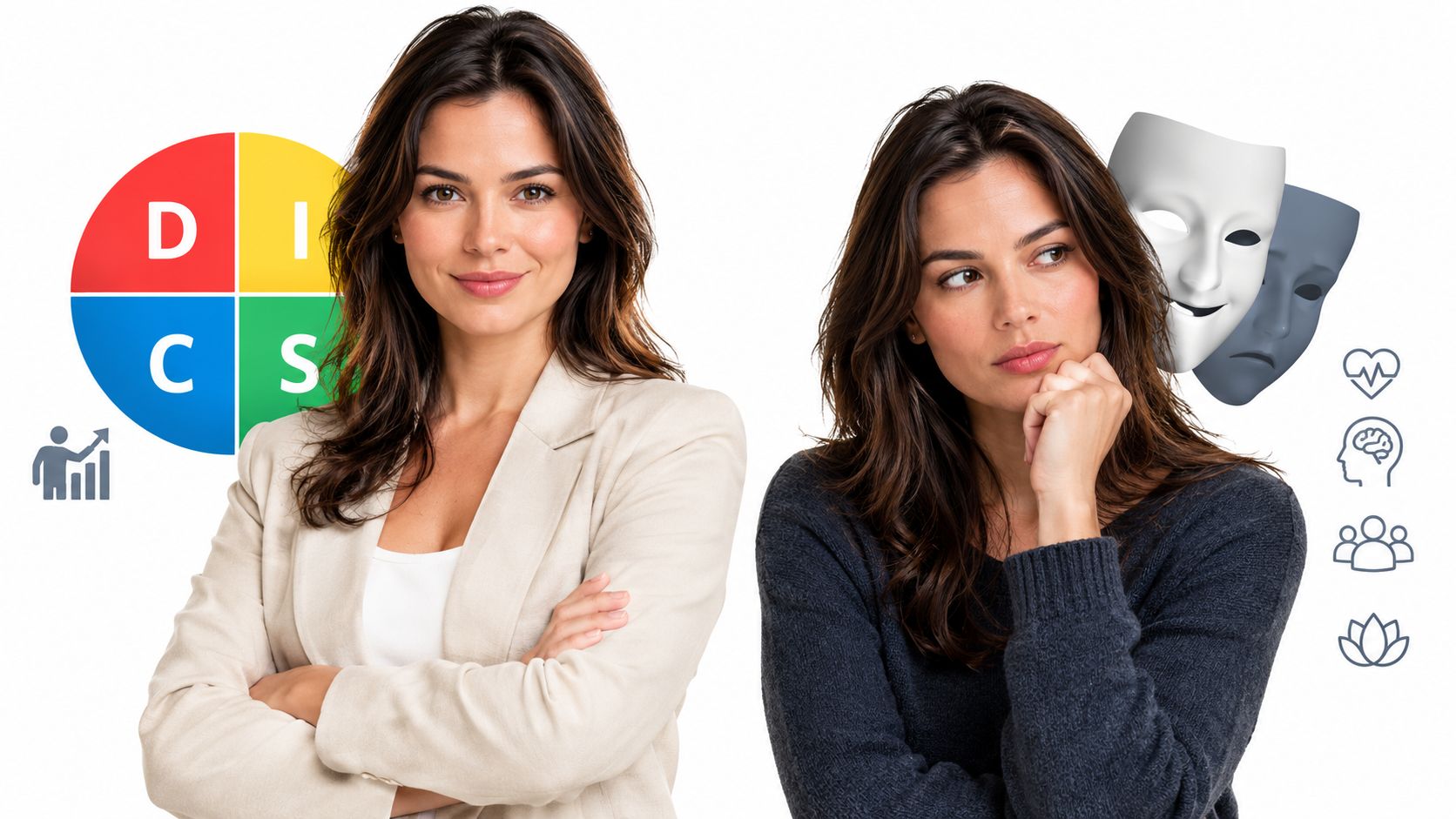 Duas versões da mesma mulher comparando o perfil profissional DISC com aspectos psicológicos e emocionais pessoais.