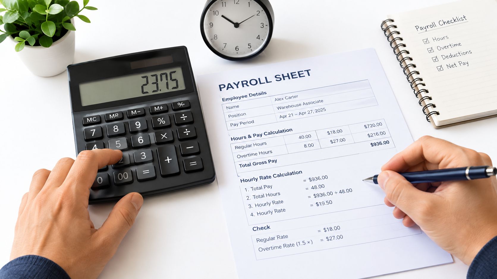 Uma pessoa calculando a folha de pagamento de um funcionário em uma mesa com calculadora e documentos.