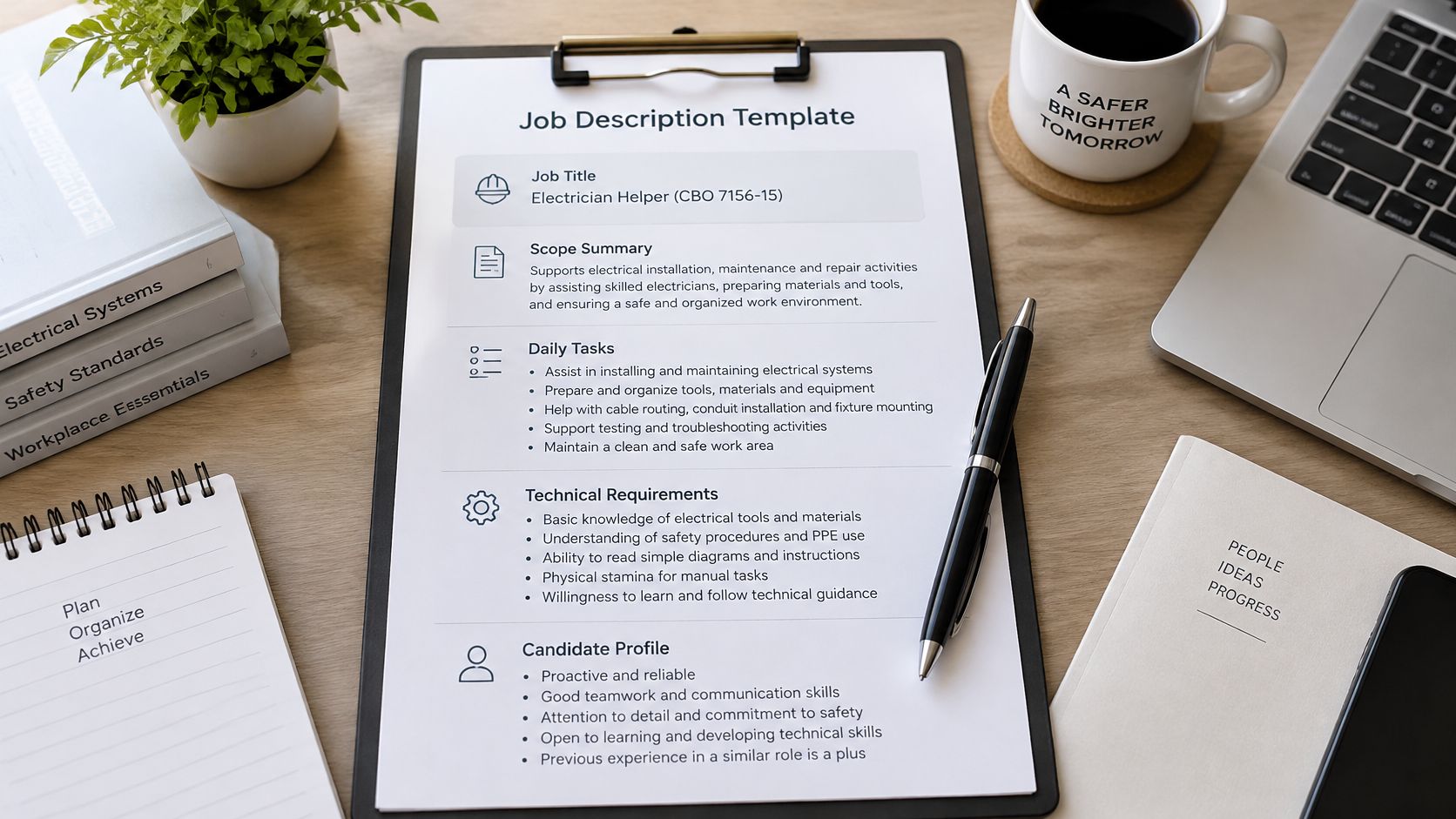 Uma área de trabalho organizada com documentos de descrição de cargo, laptop, uma planta e caneta.