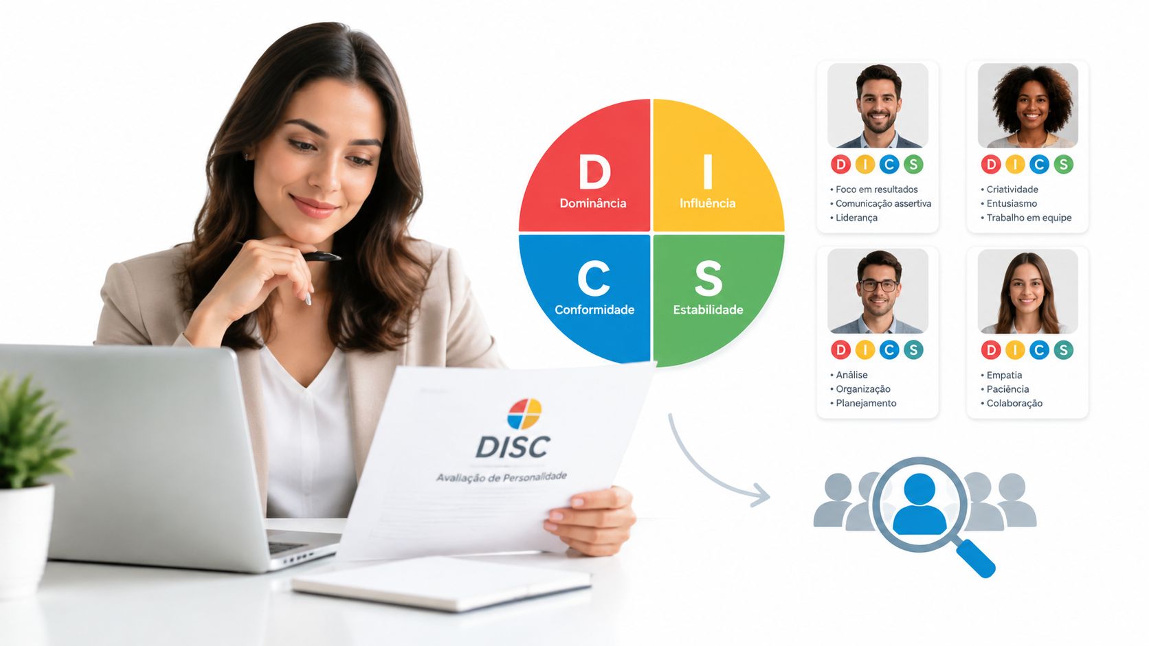 Uma mulher profissional analisando uma folha impressa de Avaliação de Personalidade DISC em seu escritório moderno.