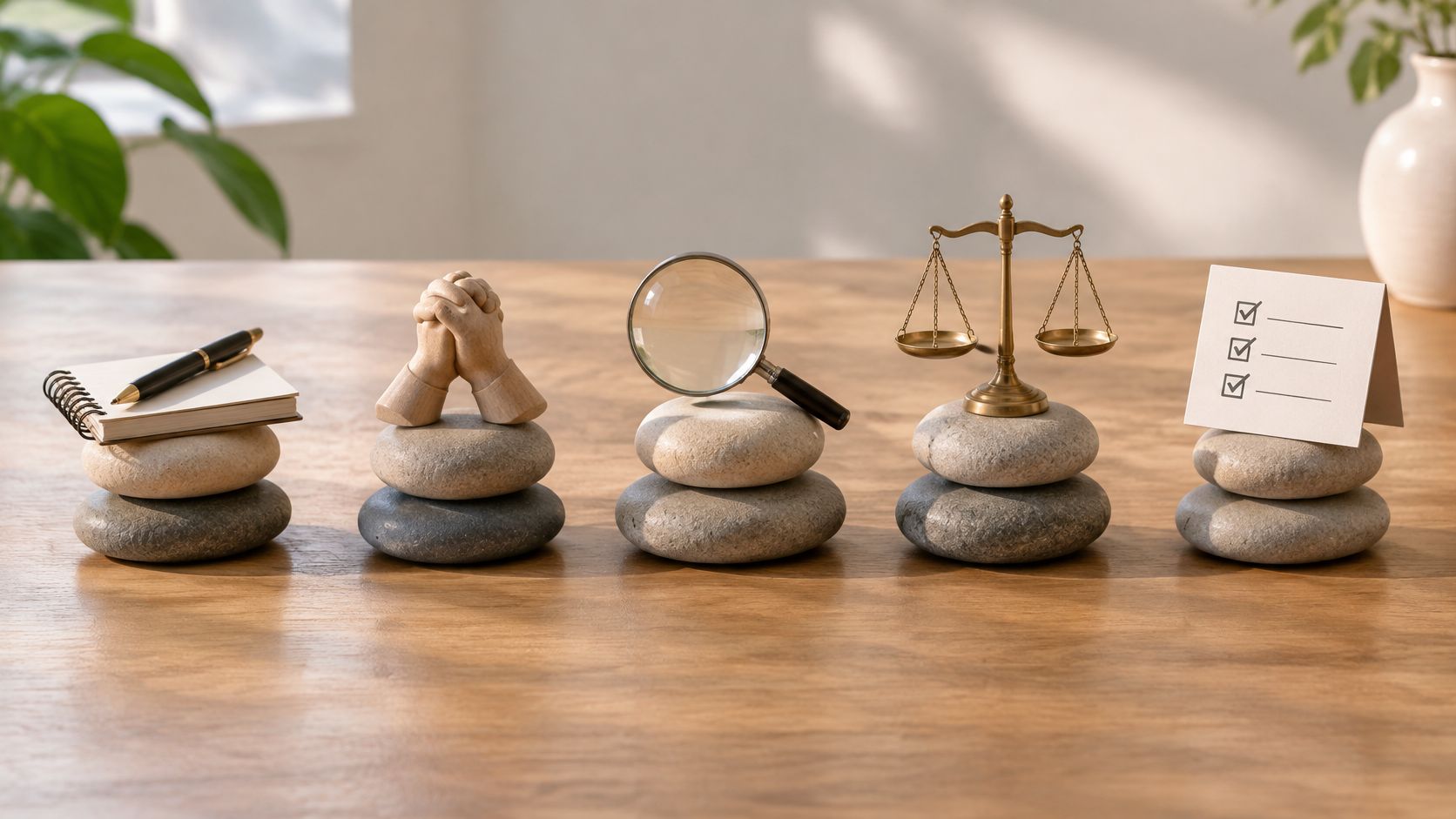 Cinco pilhas de pedras sobre uma mesa de madeira representando conceitos de cultura corporativa e valores.