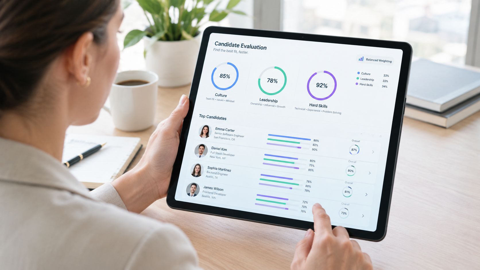 Uma mulher segurando um tablet digital exibindo um painel de avaliação de candidatos para recrutamento corporativo.