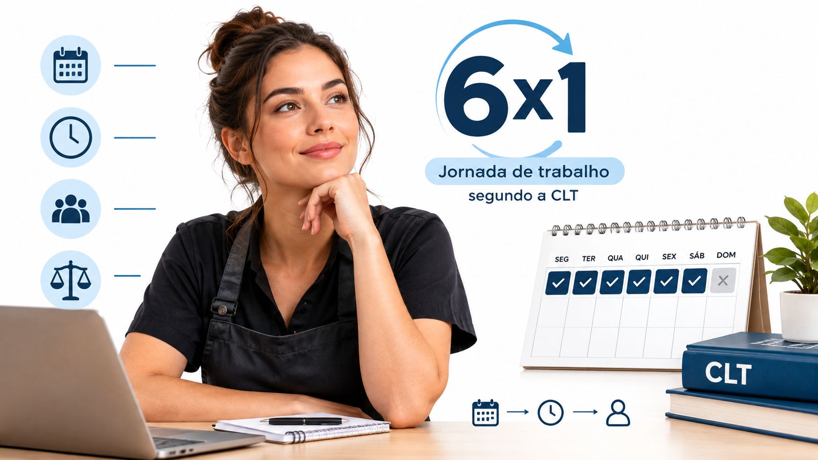 Uma mulher sorridente ao lado de um calendário mostrando a jornada de trabalho 6x1 conforme a CLT.