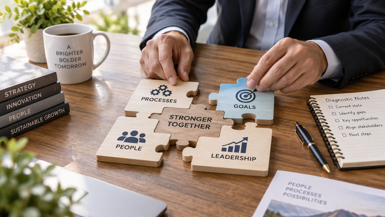 Empresário monta peças de quebra-cabeça que representam pilares de sucesso e gestão estratégica de negócios.