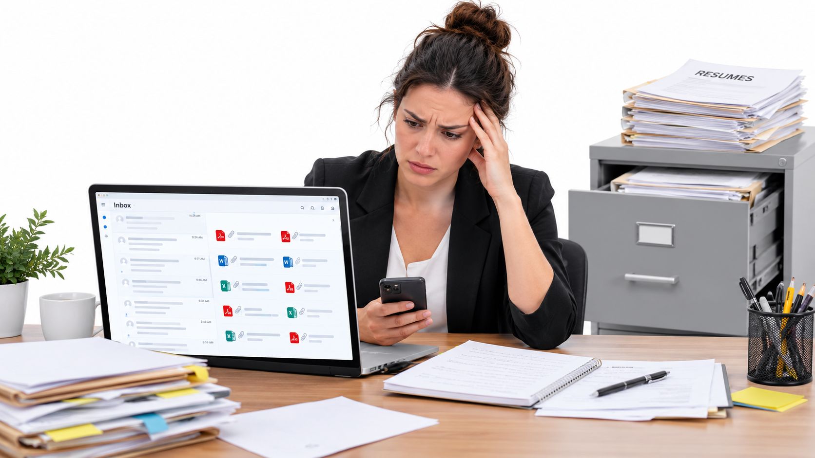 Uma recrutadora estressada revisando diversos currículos e e-mails de candidatos em um escritório organizado.