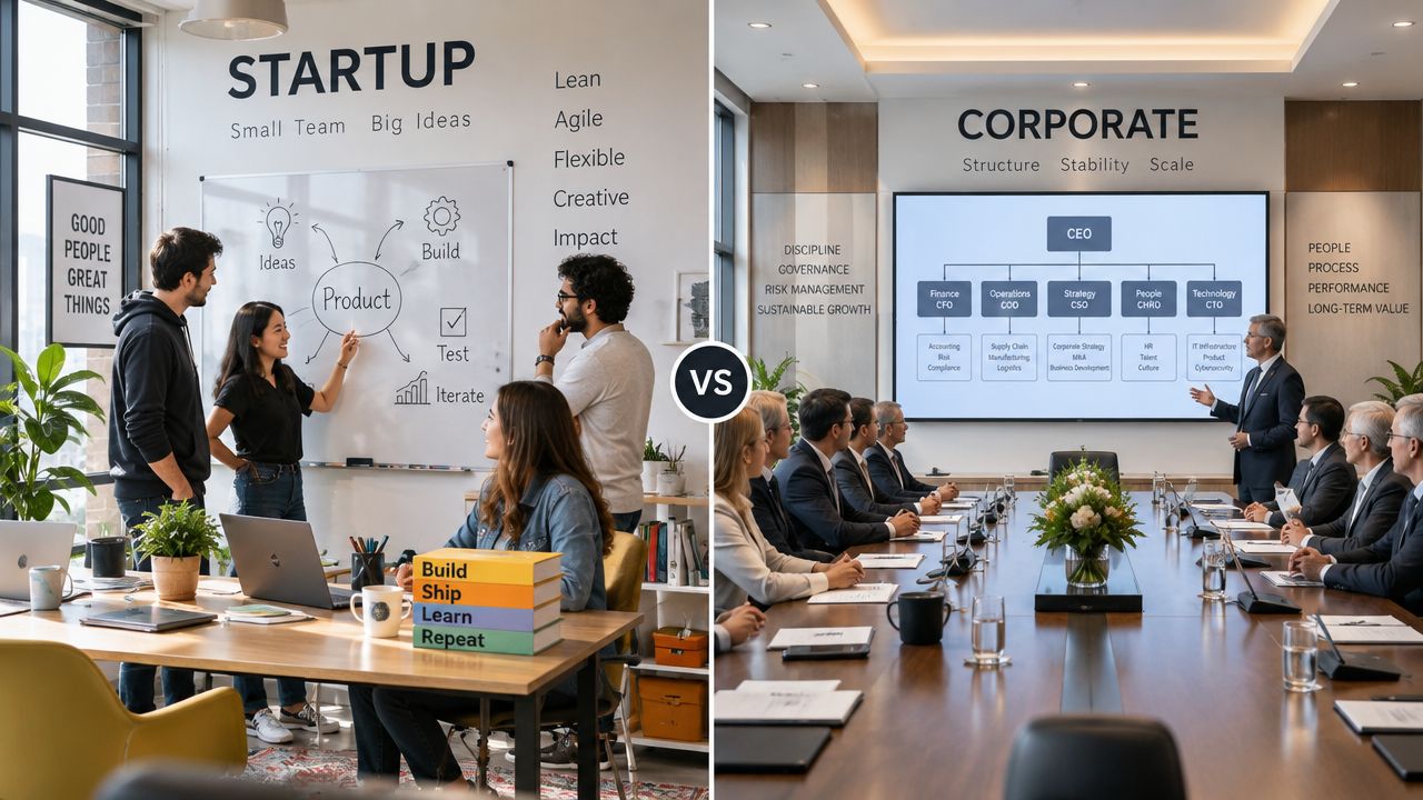 Comparação lado a lado entre o ambiente criativo de uma startup e uma reunião formal corporativa.