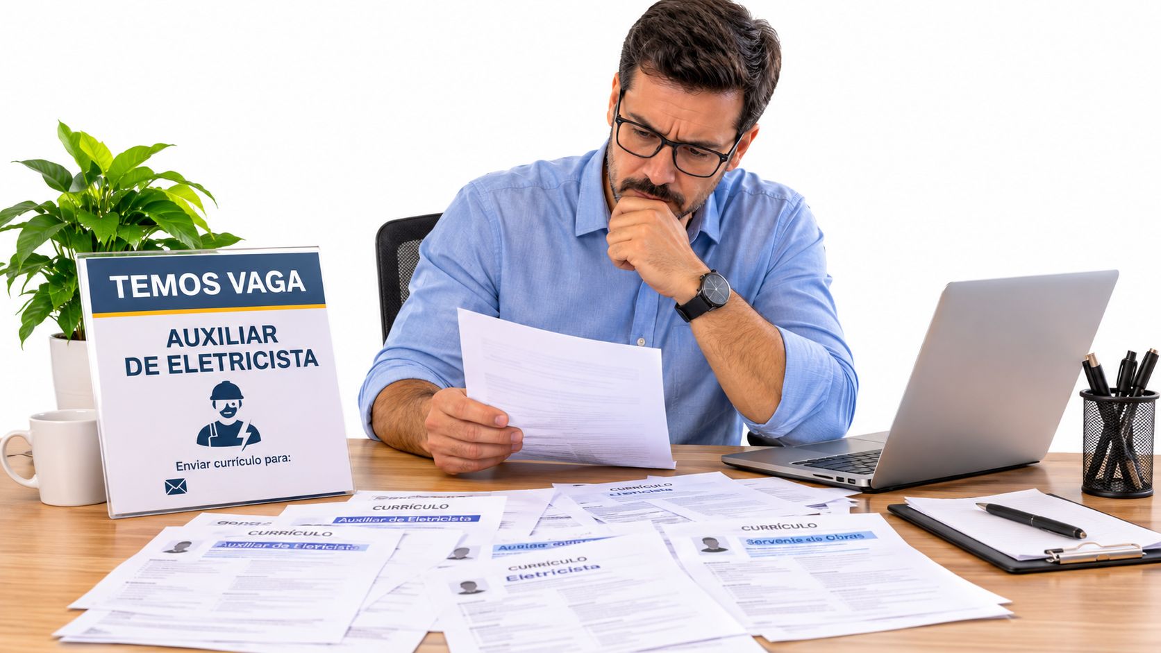 Homem de óculos lendo currículos de candidatos em uma mesa de escritório com anúncio de vaga.