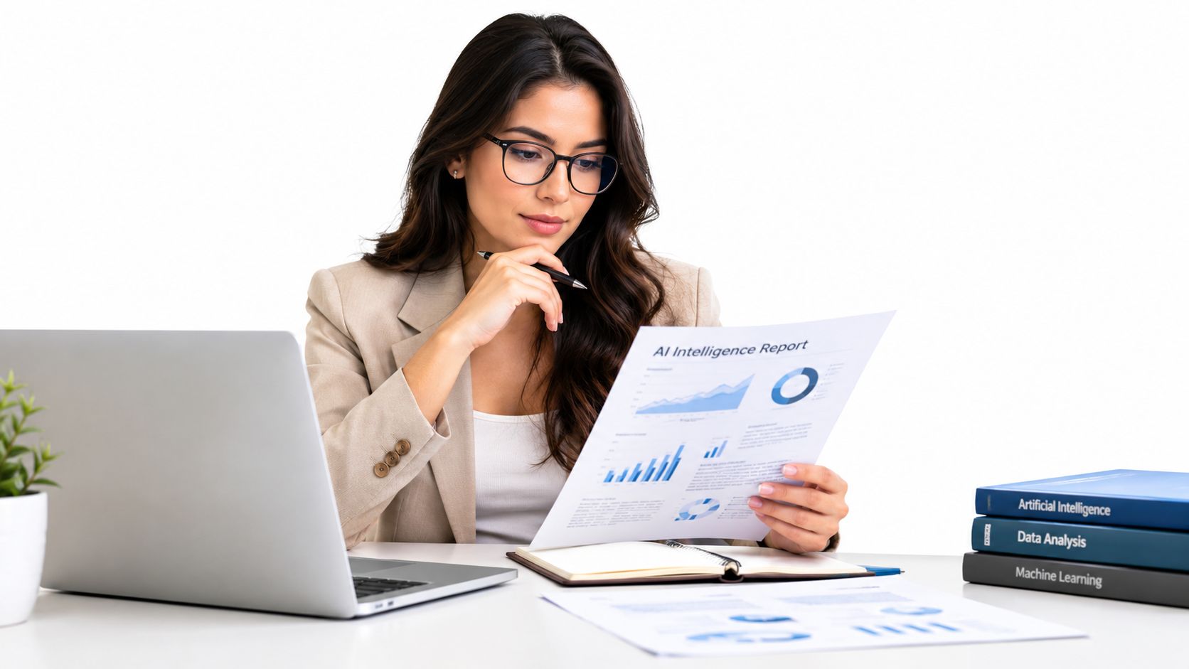 Mulher de negócios analisando relatórios sobre inteligência artificial em um escritório moderno com um notebook.