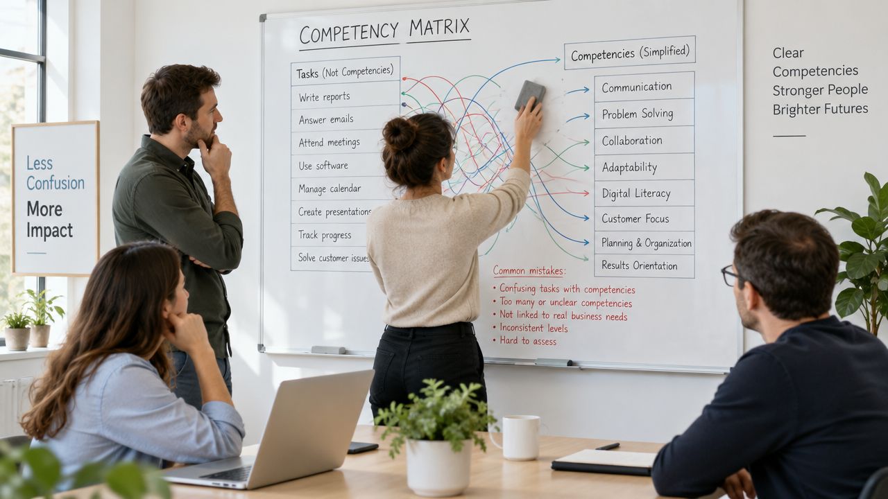 Equipe de trabalho colaborando em uma matriz de competências desenhada em um quadro branco no escritório.