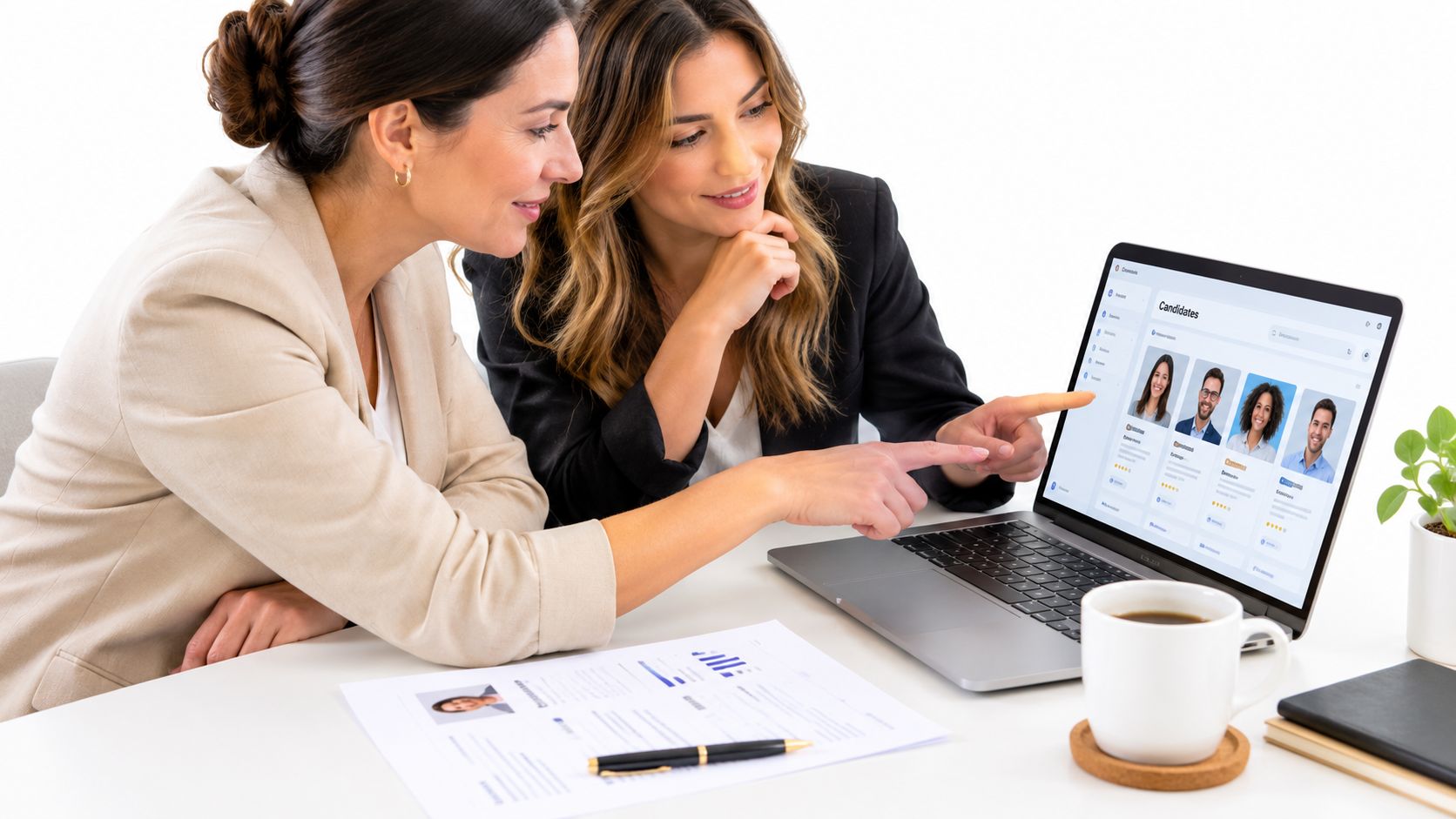 Duas mulheres profissionais analisando perfis de candidatos em um computador no escritório para um processo seletivo.