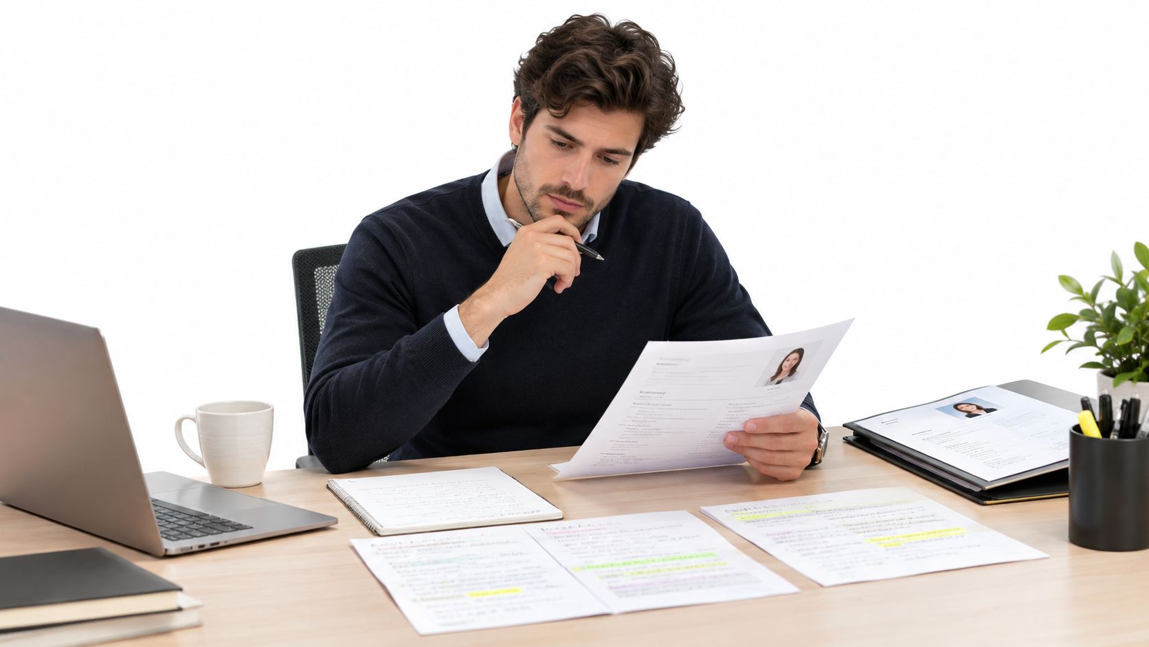 Homem de negócios sentado à mesa analisando currículos impressos em um escritório moderno com computador e documentos.