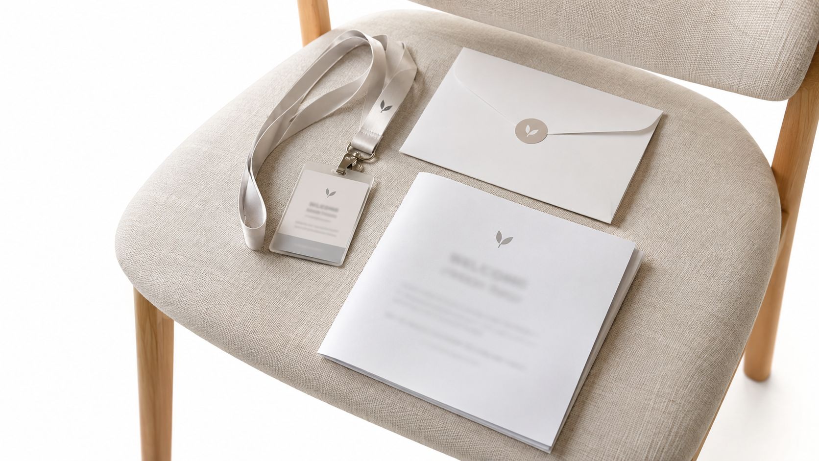 Um kit de boas-vindas com crachá, envelope e livreto organizados sobre uma cadeira de estofado bege.