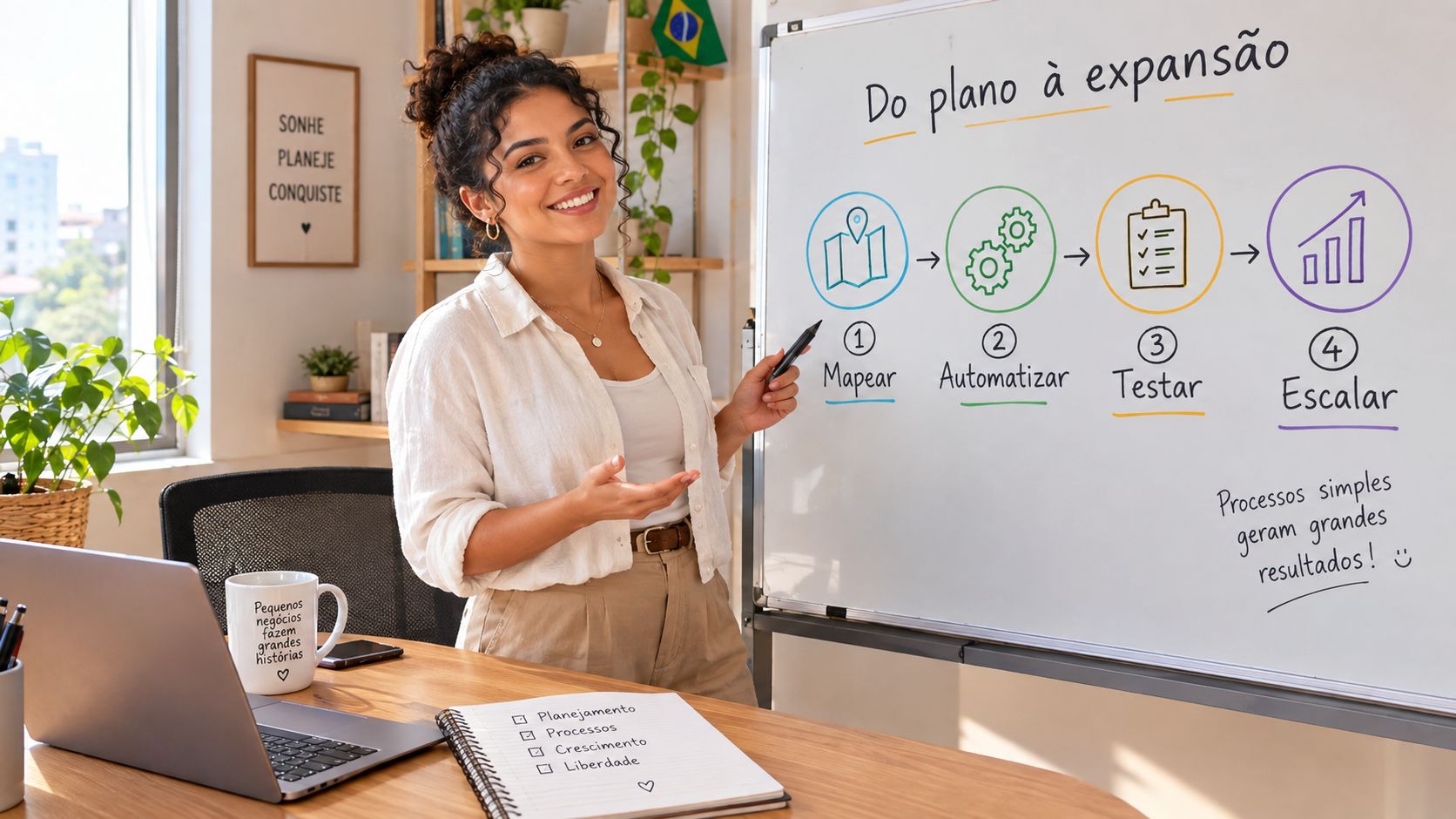 Uma mulher sorridente apresentando um plano de expansão de negócios em um quadro branco no escritório.