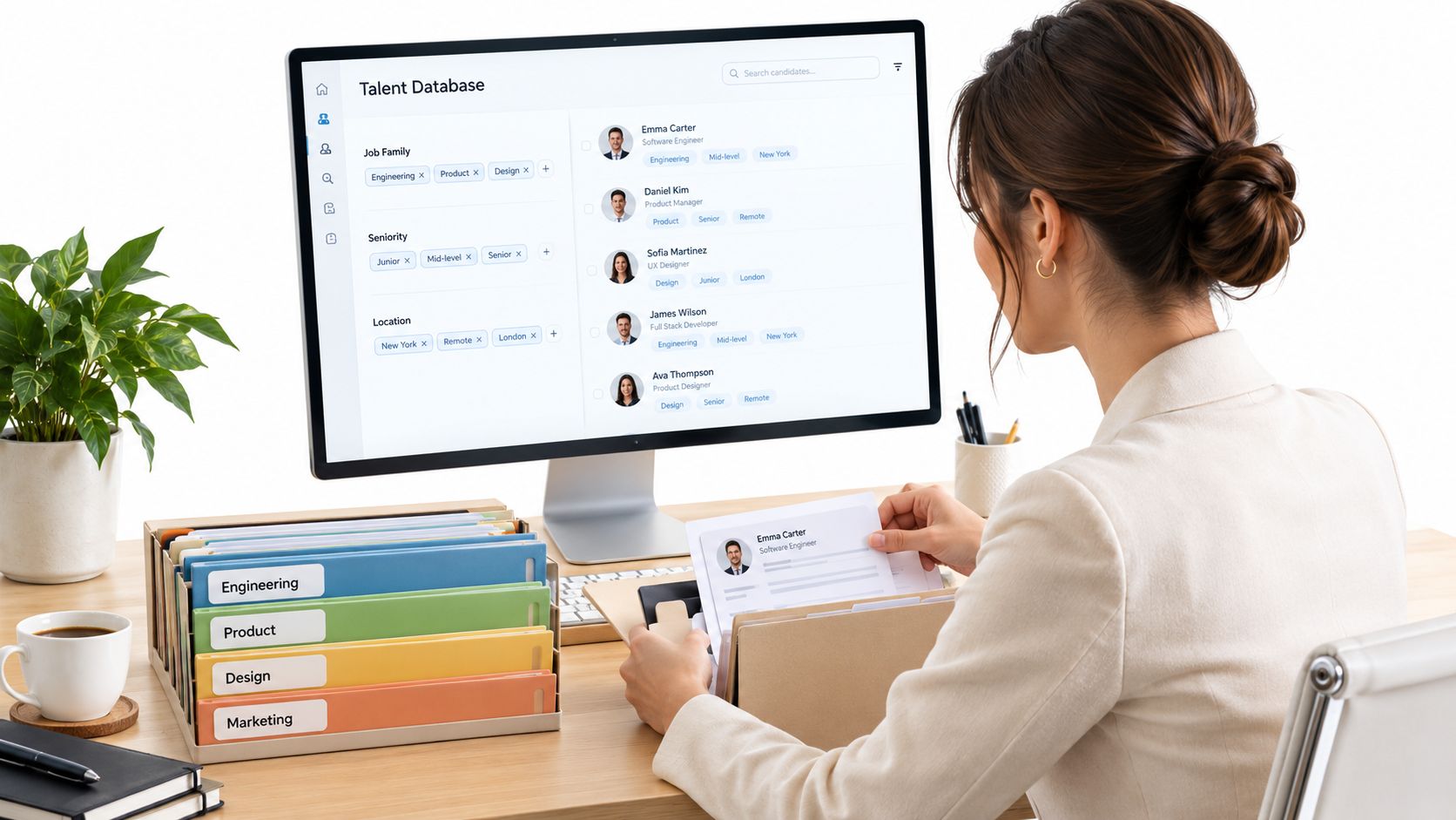 Profissional de recursos humanos analisando currículos e candidatos em um banco de talentos digital no computador.