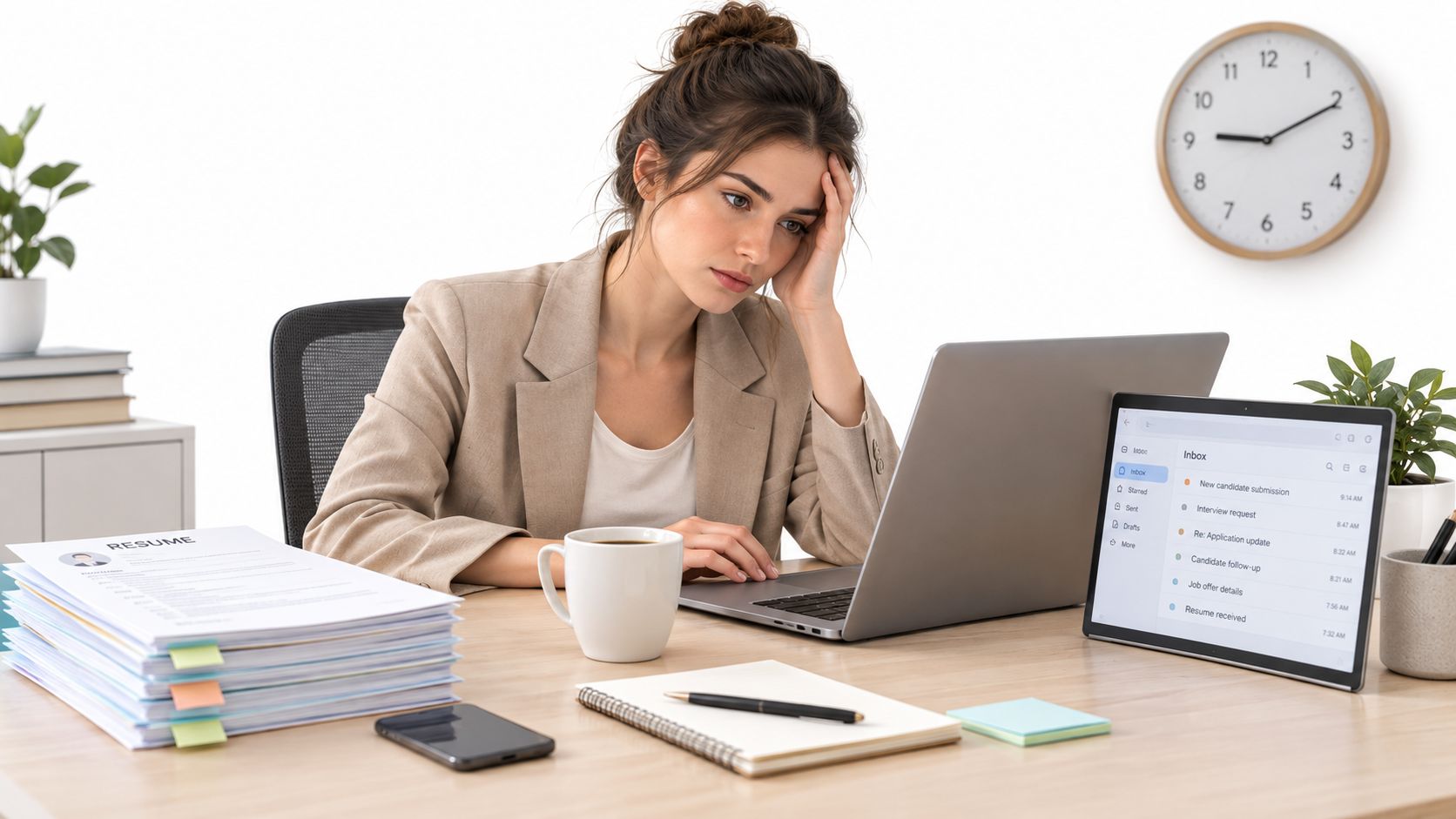 Mulher estressada trabalhando em um escritório, cercada por currículos, laptop, tablet e uma xícara de café.