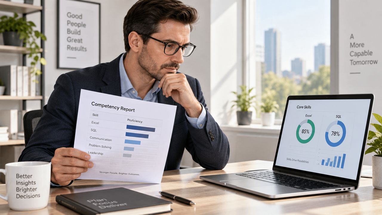 Profissional de negócios analisando um relatório de competências e habilidades técnicas no escritório.