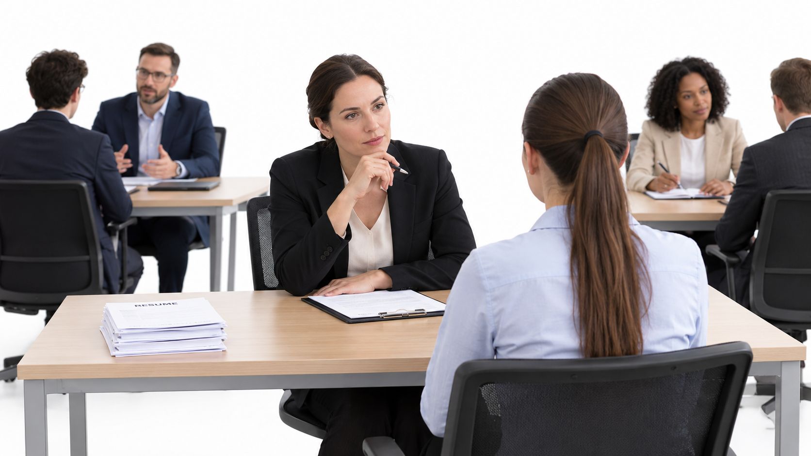 Entrevistadora conversando com candidata durante entrevista de emprego em um escritório moderno com outras pessoas ao fundo.