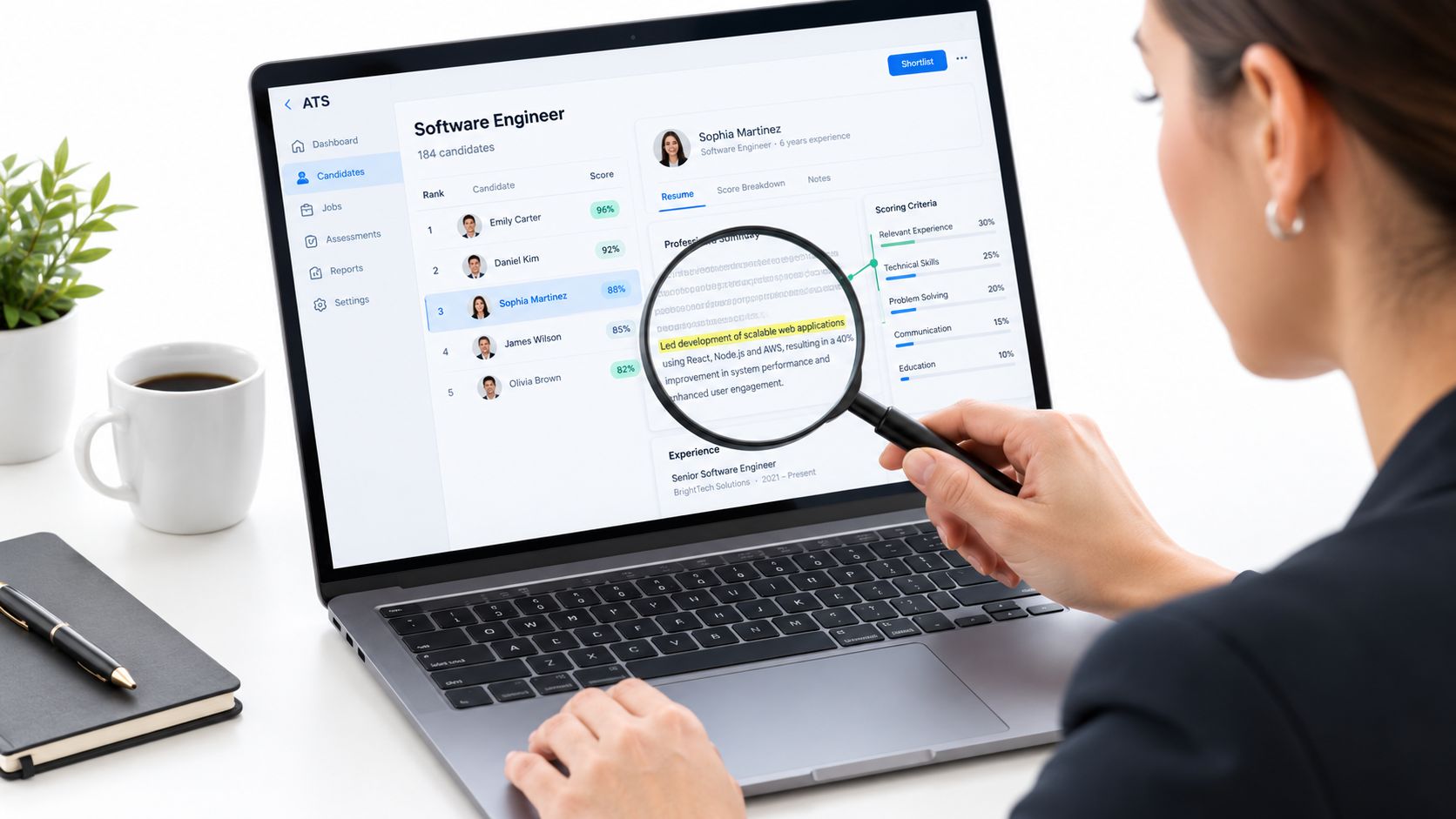 Uma profissional analisando o currículo de uma candidata em um sistema de recrutamento online em um laptop.