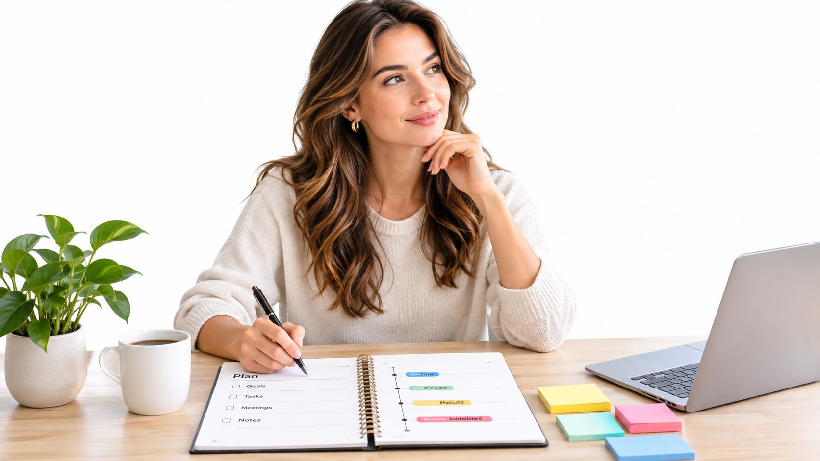Uma jovem mulher sorridente planejando suas tarefas diárias em um caderno enquanto trabalha em sua mesa de escritório.