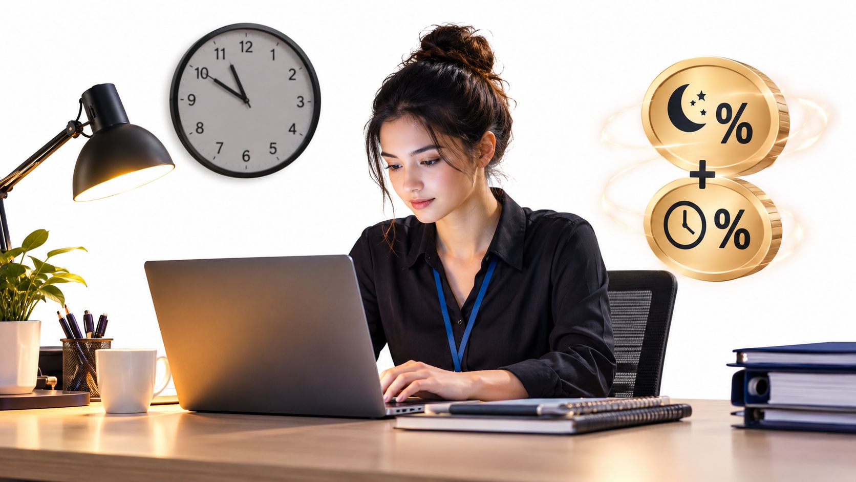 Uma mulher jovem trabalhando em um laptop com ícones de porcentagem, horário noturno e relógio ao fundo.