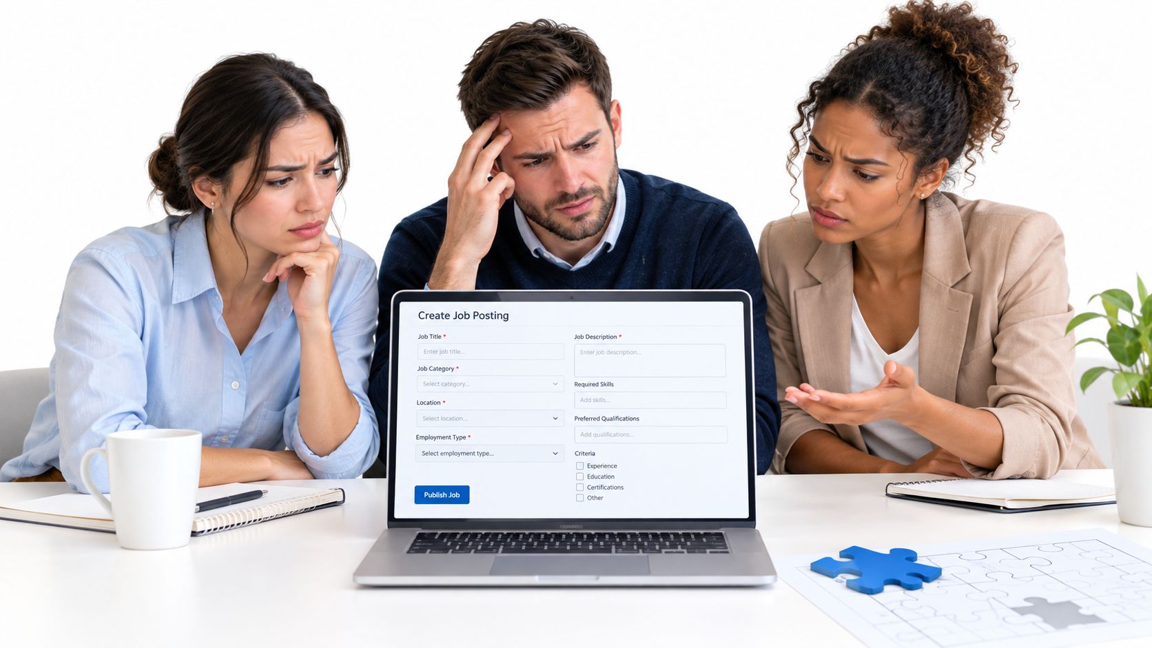 Três colegas de trabalho parecem confusos e preocupados enquanto olham para um formulário de publicação de vagas no computador.